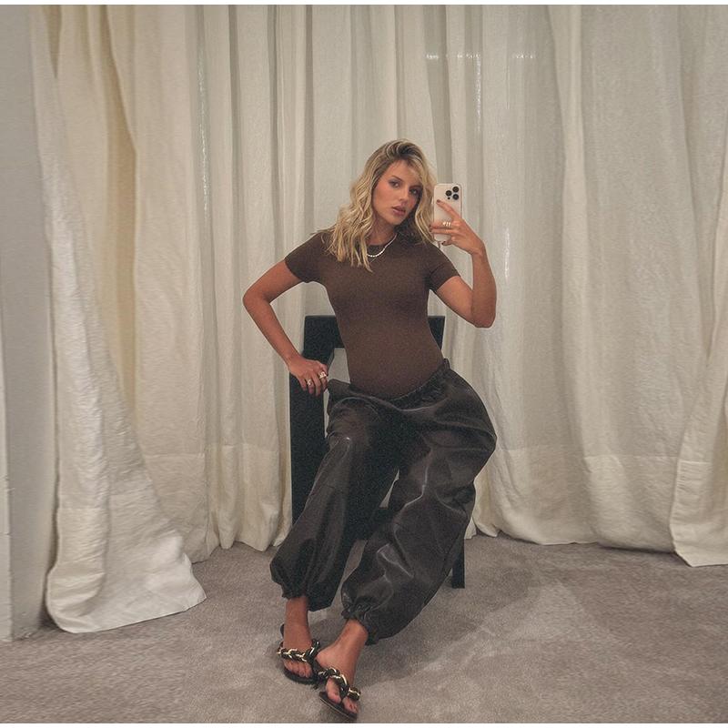 Drawstring Drawstring Lantern Leather Pants Women's Solid Color Autumn and Winter New Leather Pants Daily All-match Style Women's Pants