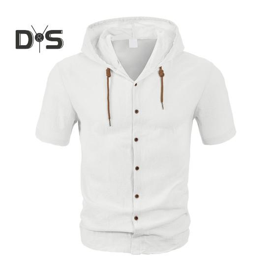 

Мужская льняная рубашка с капюшоном, однотонная рубашка с коротким рукавом, свободный крой, застежка на пуговицы, летний повседневный топ для пляжа, повседневной носки, офиса, путешествий 2XL белый