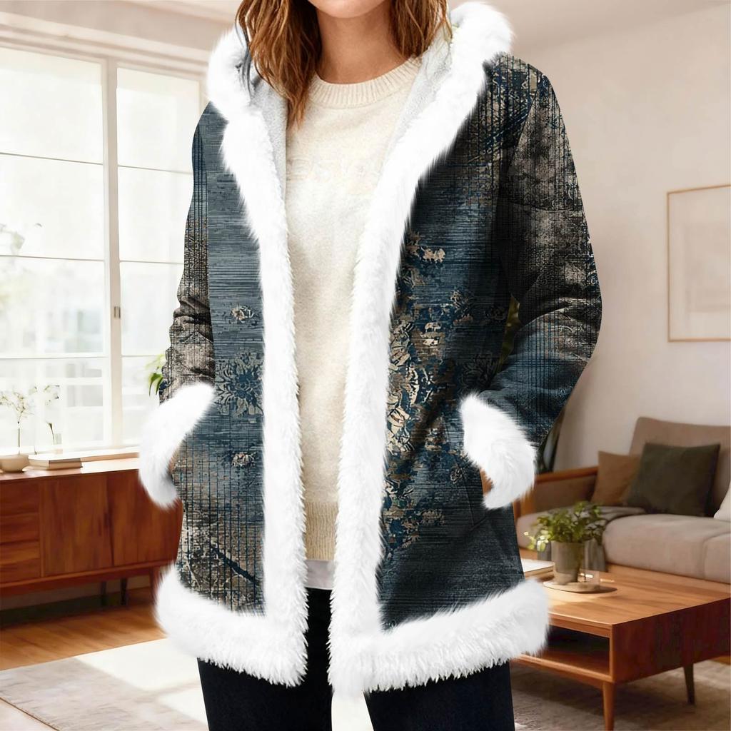 Lässiger Damen-Fleece-Kapuzen-Cardigan mit Taschen Warme Oberbekleidung