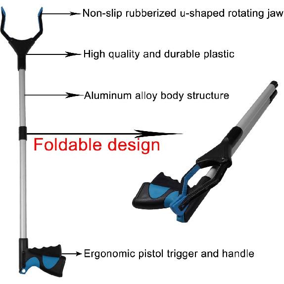 

Reacher Grabber Tool, Messar Upgraded Foldable Reaching Aid Reacher Tool Long Arm 360° Rotating Jaw Reaching Claw Hand Grabber Trash Pickup Tool, синий