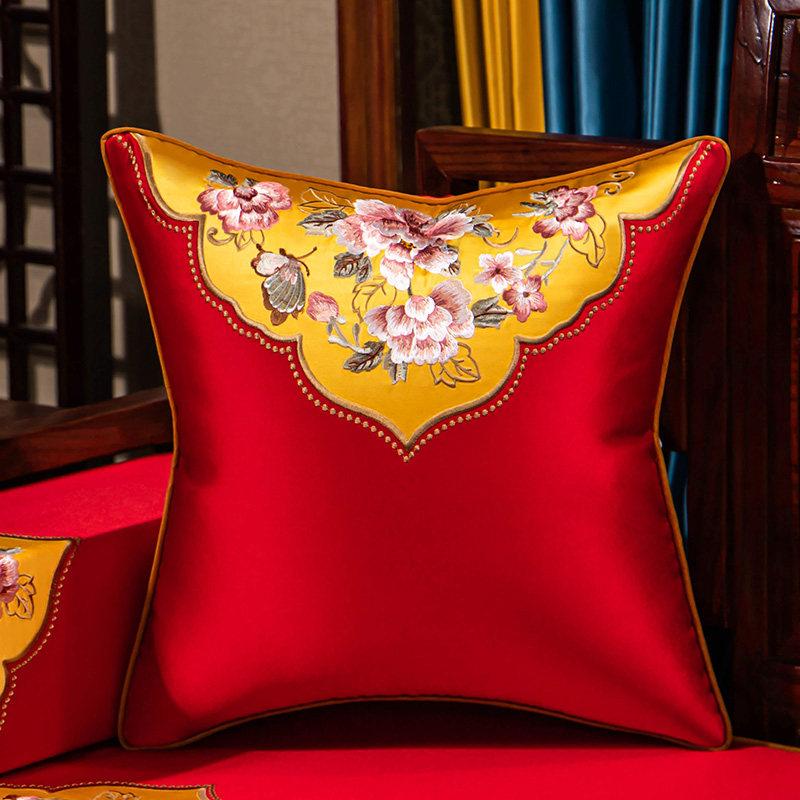 New Chinese-style Throw Pillows with Bird and Flower Embroidery Redwood Sofa Cushion Cover Large Cushion for Living Room Bed