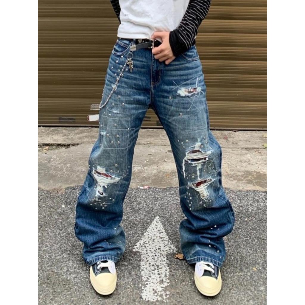 STREETRICH Retro American High Street Loose Straight Leg Men's Denim Pants