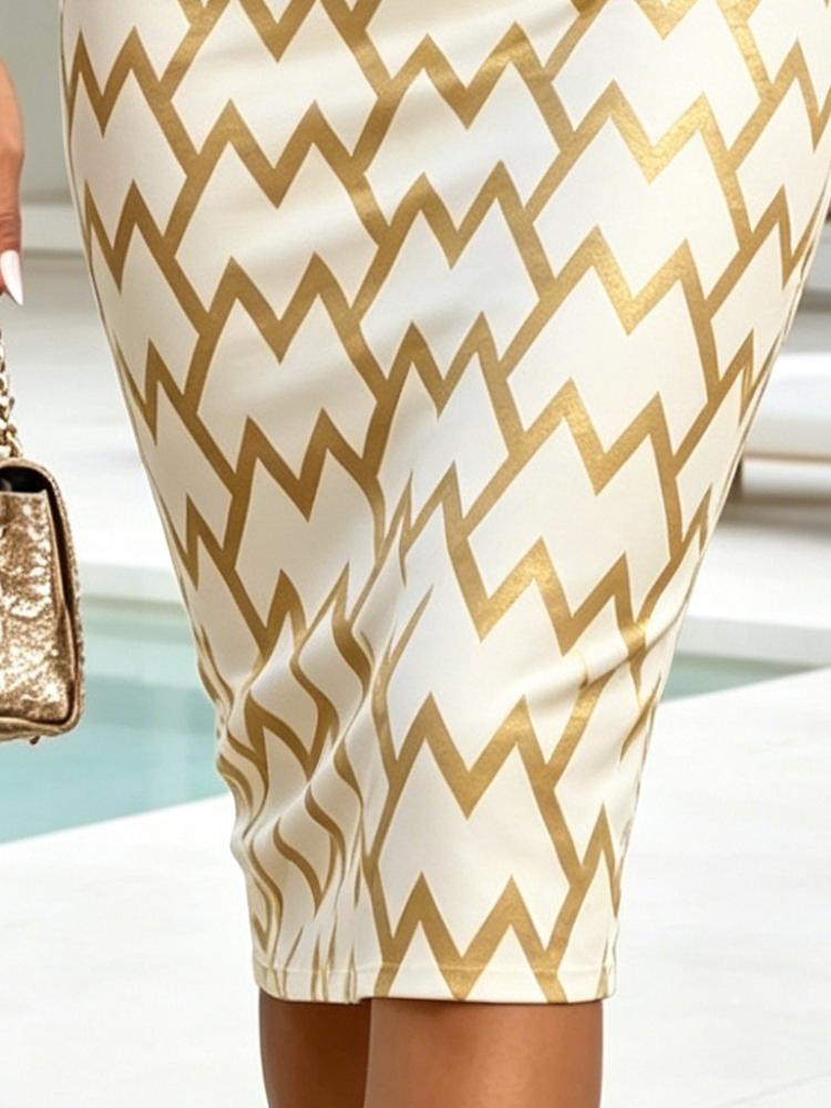 Summer Women's One Shoulder Midi Dress Chevron Print White Gold Bodycon Sundress