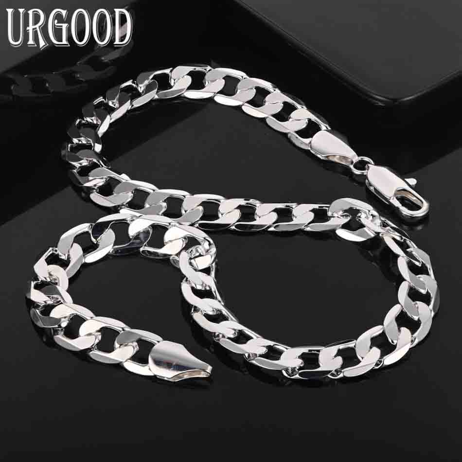 925 Sterling Silver 12mm Side Chain Necklace 16-30 Inch Wedding Jewelry