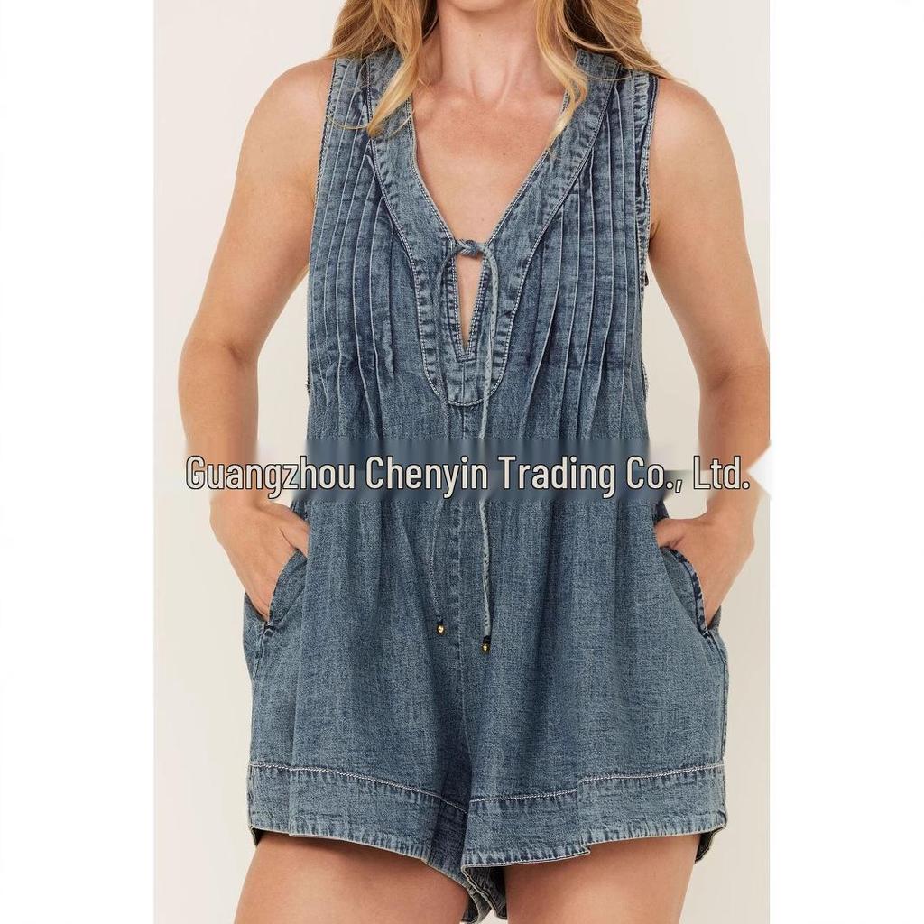 Trendy European & American Women's Mid-Summer Denim Jumpsuit - Pure Cotton, Washed, Pleated, Deep V Lace-Up Shorts