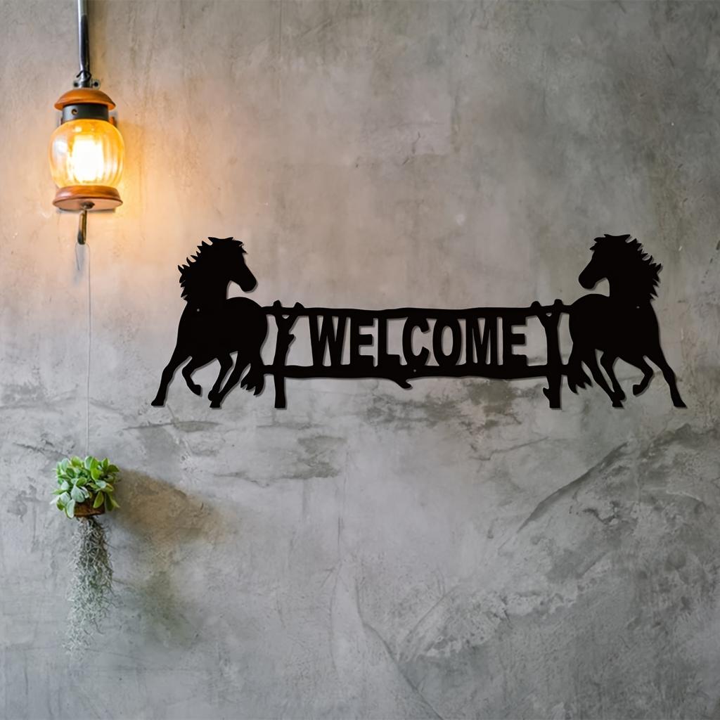 1pc Rustic Metal Horse Welcome Sign Home Decor Indoor Outdoor Unique Wall Art Gift for Halloween Christmas New Year