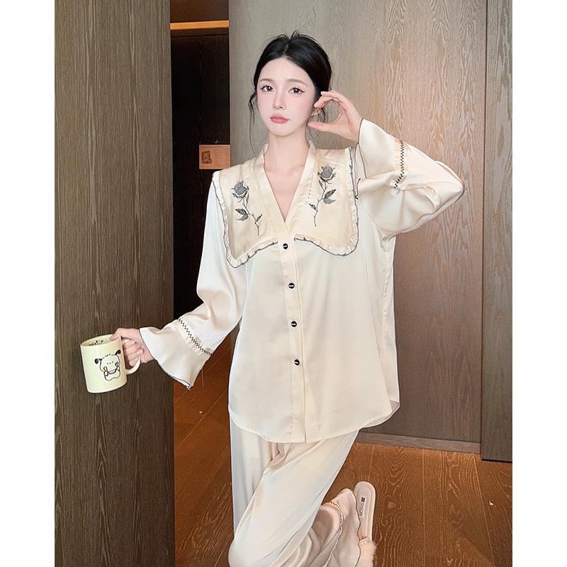 Rose Doll Collar French Sweet Ladies Pajamas Ice Silk Autumn and Winter Long Sleeve Comfortable Homewear Set