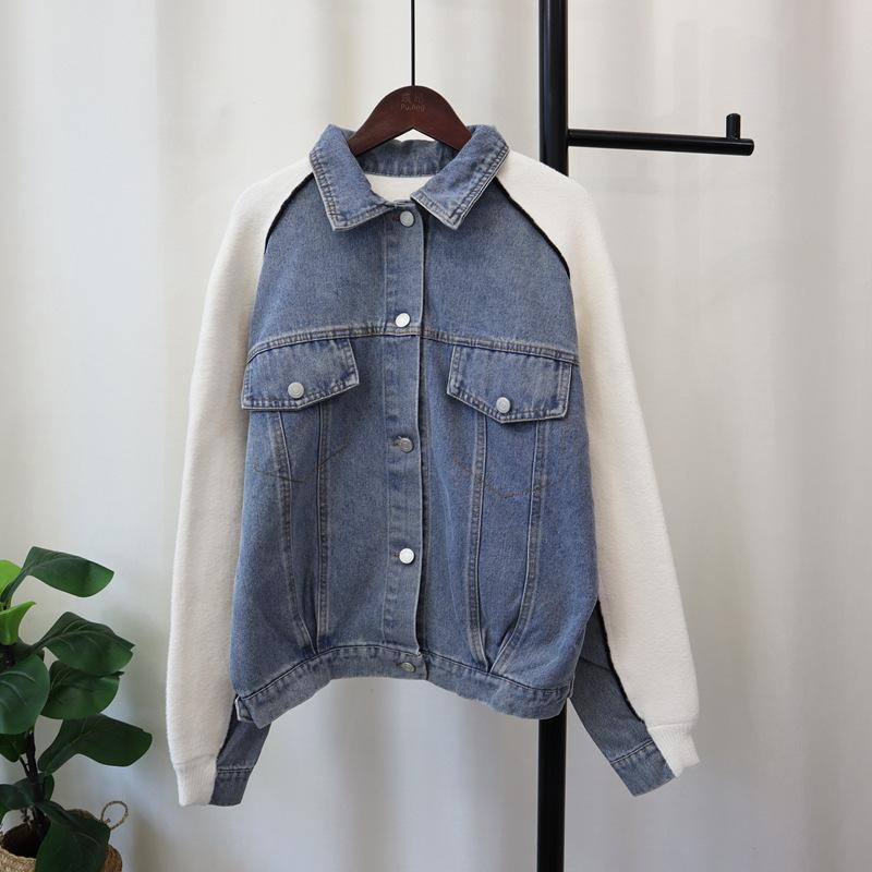 Autumn and winter new design sense splicing denim knitted double-sided cardigan loose and thin sweater jacket women