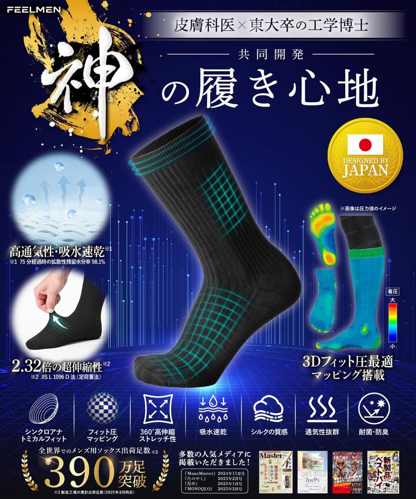 FEELMEN Business Developed by a Dermatologist and Doctor of Sizes Japanese Ultimate Set Men's Socks, Engineering, 7.84x Tear-Resistant, Durable,