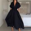 Women's Deep V‑Neck Short Sleeve Tie Waist Pleated Swing Elegant Summer Maxi Dress