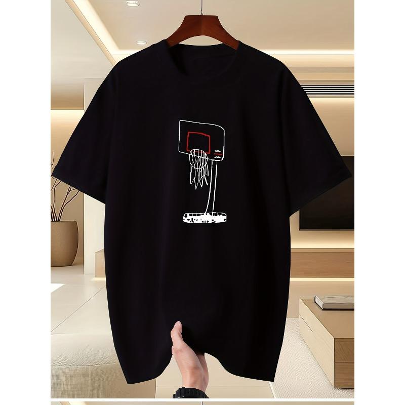 European Size Comfortable and Trendy "Hand-Painted Basketball Hoop" Graphic Print Crew Neck T-Shirt, Men's Casual Daily Style T-Shirt