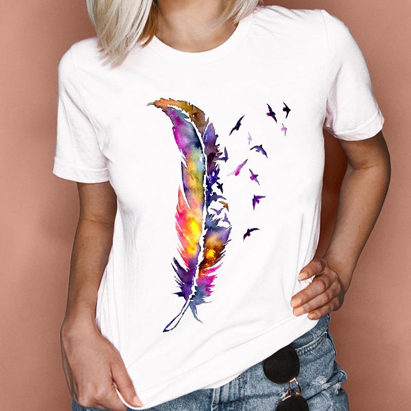 Fashion Feather Graphics Women T-Shirts Summer 90S Blouse Short Sleeve Tees O-Neck Female Tops Streetwear Y2K Clothing