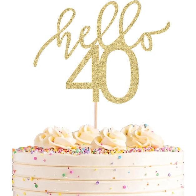 AHAORAY Hello 40 Cake Topper - Gold Glitter 40th Birthday Cake Decorations - 40 Wedding Anniversary Party Cake Decor