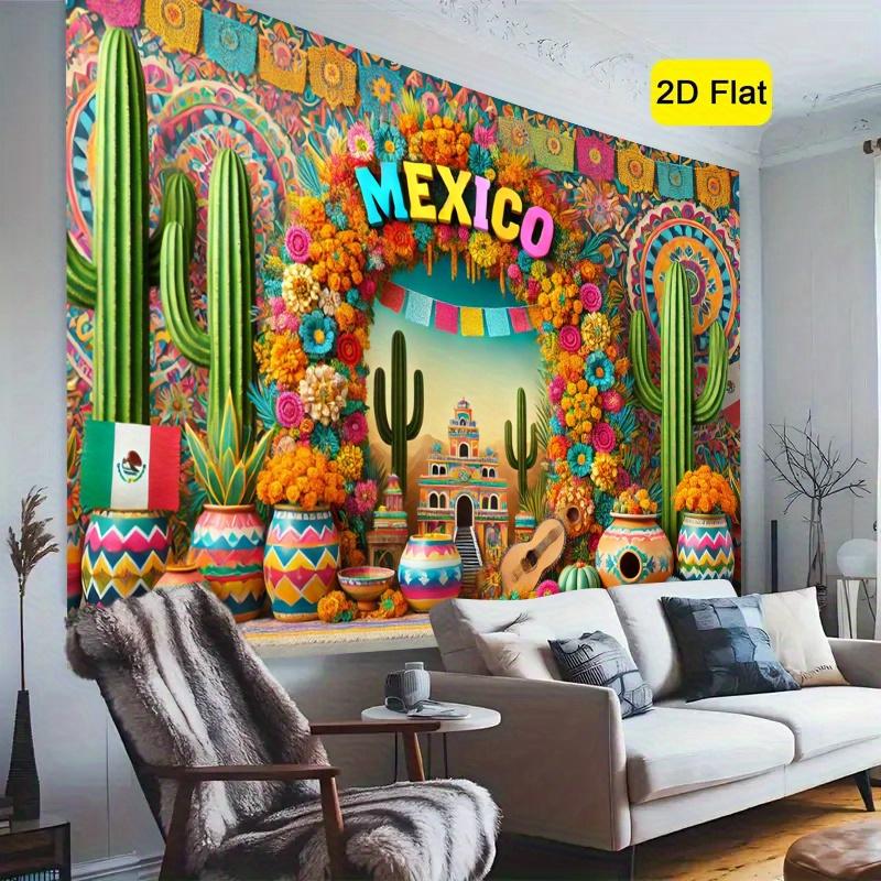 1 Mexican Style 2D Flat Background Tapestry Photography Set with Cactus, Paper Fan and Hat Design