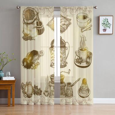 Vintage Coffee Set Sheer Curtains for Living Room Transparent Tulle Window Treatments Bedroom Kitchen Home Decor Veil Drapes