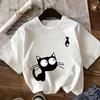 Girls Crewneck Short Sleeve T-Shirt, Minimalist Black White Silhouette Cat Fish Cartoon Print