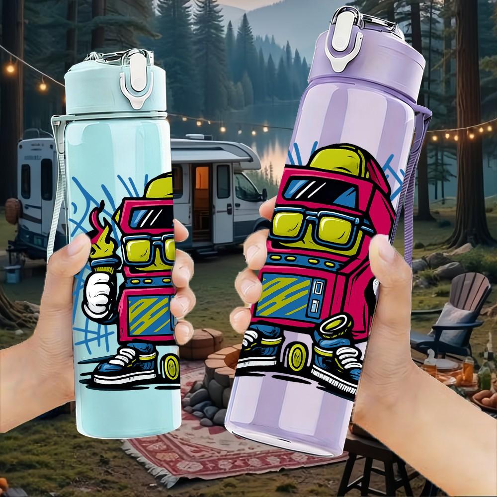 1PC Retro Robot Character 750ml Color Plastic Sports Water Bottle Leakproof Flip Straw Lid Suitable for Sports Office Home Use