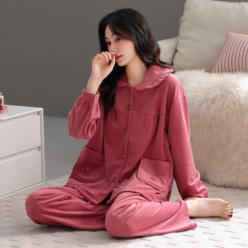 Island Fleece Pajamas Women Autumn And Winter Thin Fleece Coral Fleece Middle-Aged Mother Loungewear Spring And Autumn Large Size Warm Suit