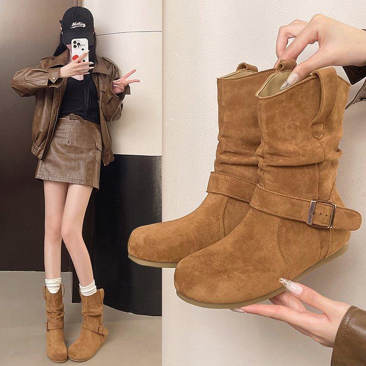 

Fashionable Pleated Boots - Women s 2026 New Winter Belted Flat Nude Boots - Large Size Retro Round Toe Slimming Short Boots 35 коричневый