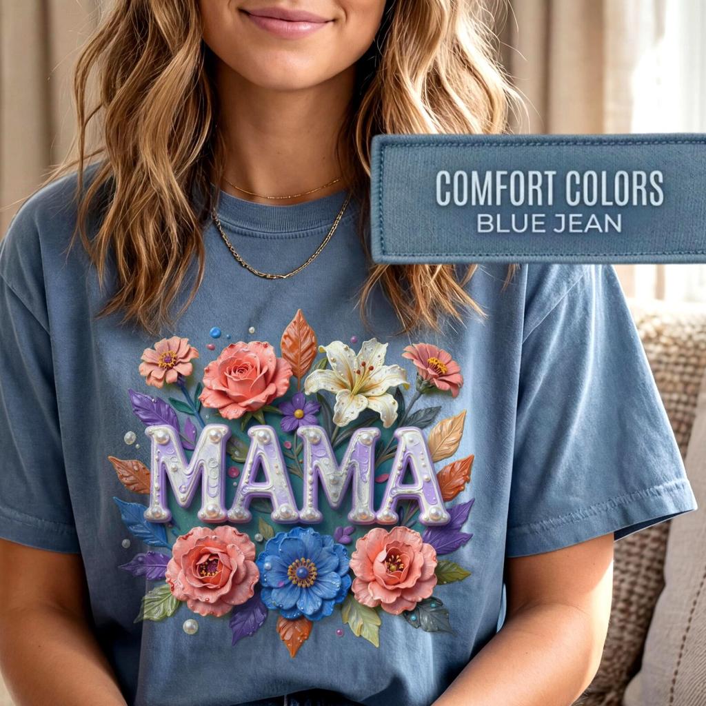 Shirt Dusty Blue Floral Grandma Mama Shirt Custom Names Mimi Nana with Grandkids Name Vneck Tshirt Mothers Day Tee, Personalized Mom Gift