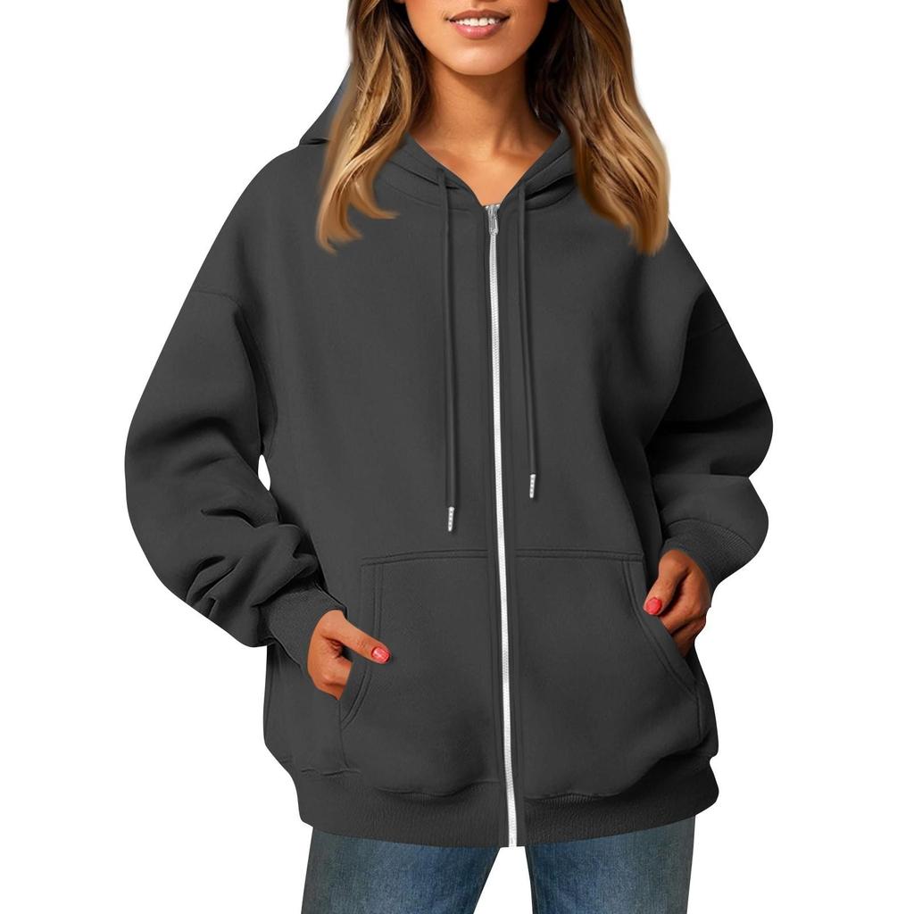 Damen Casual Fashion Solid Color Langarm Tasche Reißverschluss Kapuze Kordelzug Sweatshirt Jacke