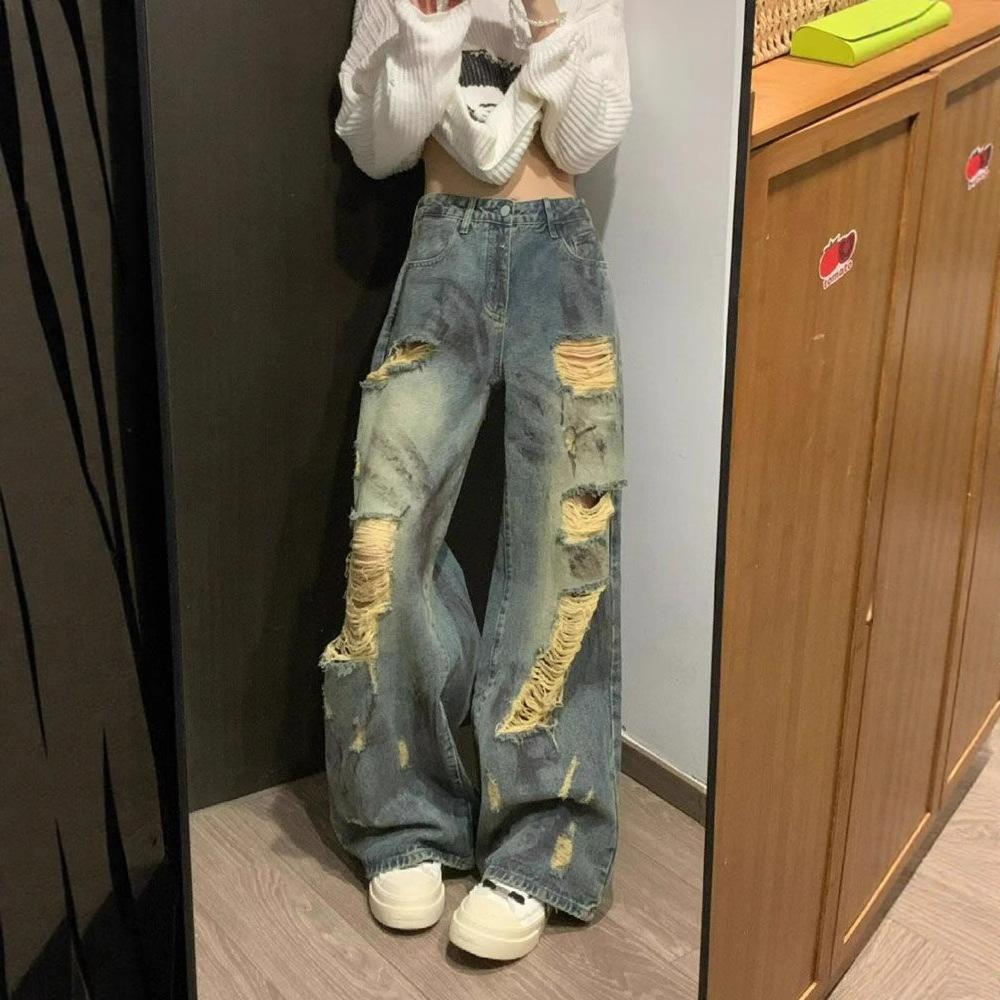 Wide Leg Jeans Women Summer Hole Design Sense Pants High Waist Large Yards Loose Beggar Pants Retro Street Style Baggy Long Jeans for Ladies