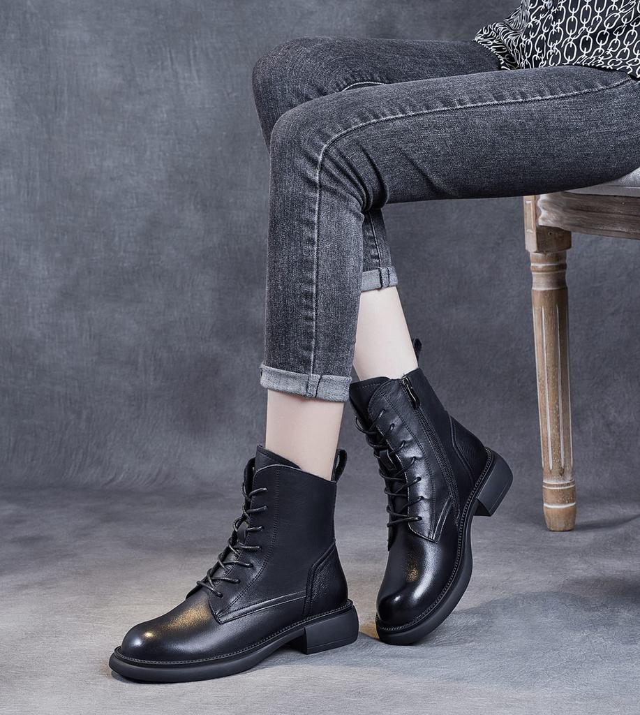 ZUYEE Genuine Leather Low Side Short Easy to Walk Size Women's Lace-Up Boots, Heel, Zip, Boots, Soft, Casual, in, Black, 23.5cm
