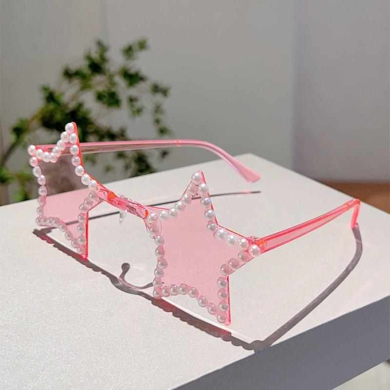 KAMMPT Cute Star Shaped Sunglasses with Pearls Women New Fashion Decor Shades Trendy Original Handmade Outdoor Rave Sun Glasses