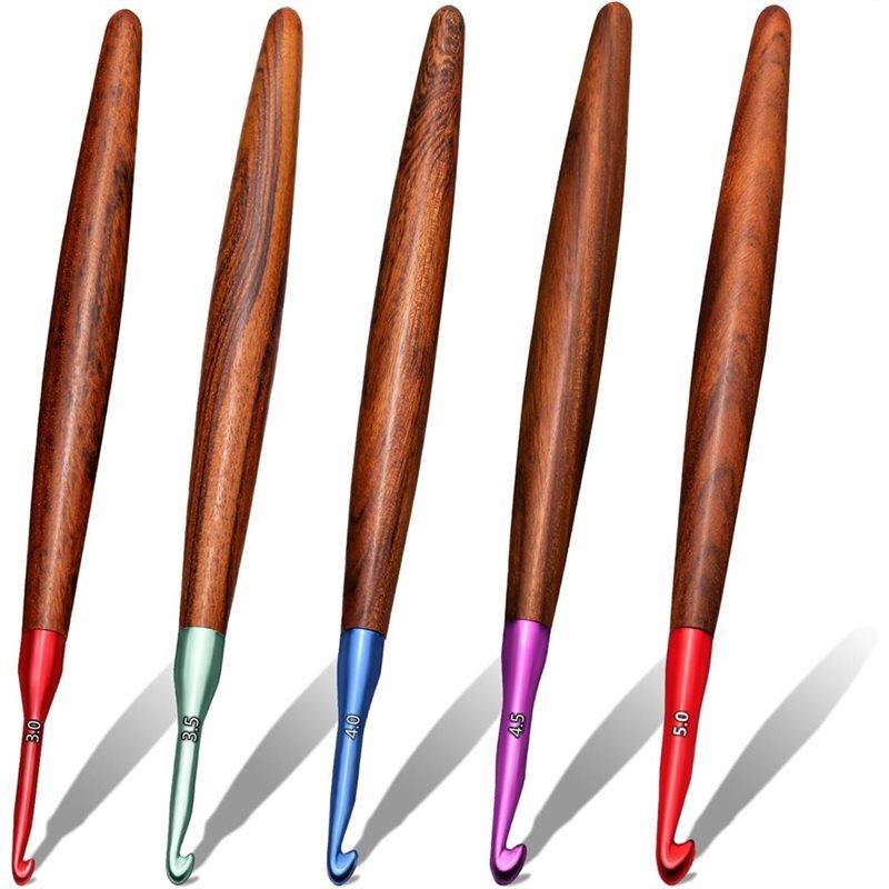 ABGR-Crochet Hooks 5 PCS, 3Mm-5Mm Ergonomic Crochet Hook Set, Aluminum Crochet Hook With Wooden Handle