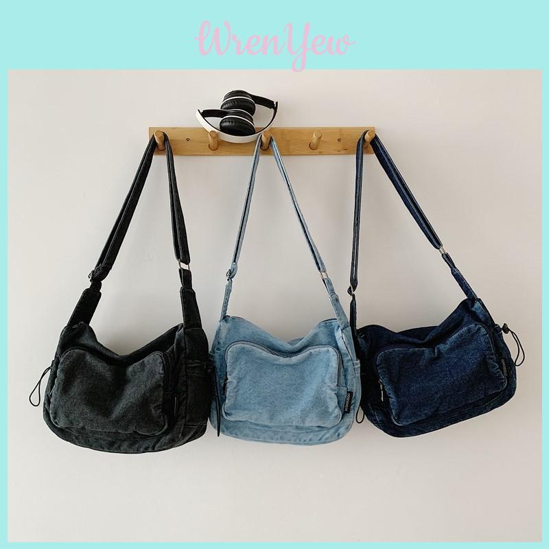 Minimally Drawstring Design Multiple Pockets Women Casual Shoulder Denim Bag For Casual Daily Use