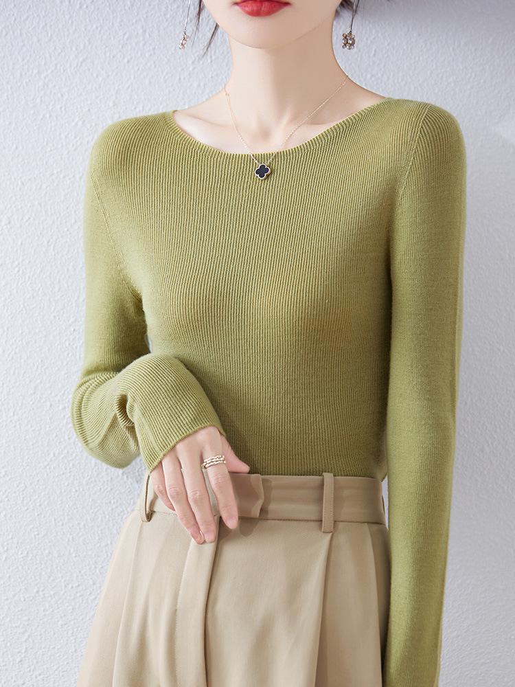 Women's Slim Fit Solid Color One-Shoulder Wool Sweater for Autumn/Winter