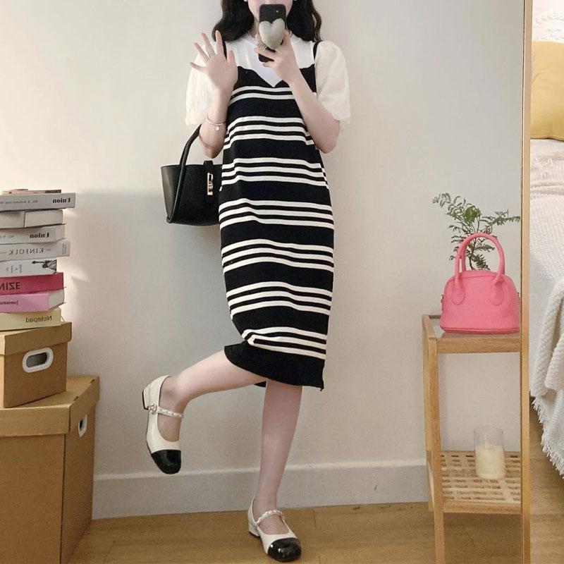 Summer New Fashionable Western Style Fake Two Piece Korean Knitted Short Sleeved Dress with Stripes
