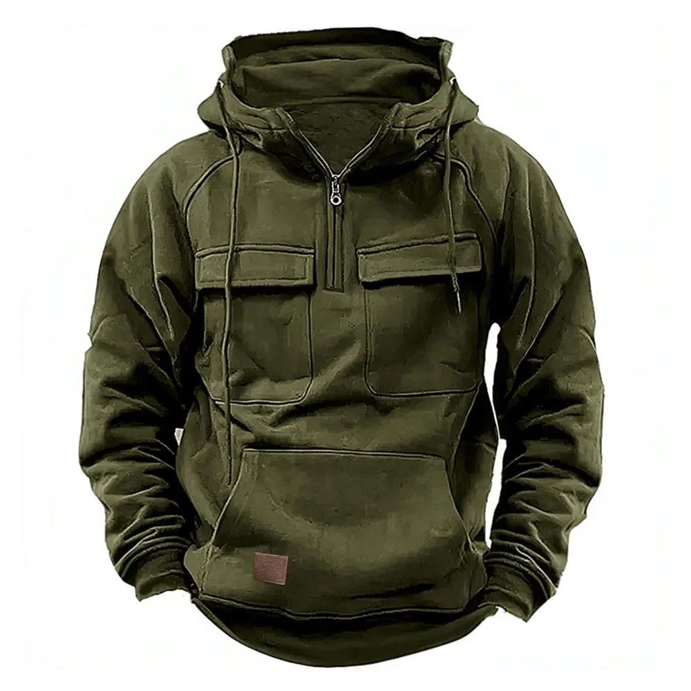 Half Zipper Men's Tactical Hoodies Solid Military Sweatshirts Multi Pockets Male Hooded Jackets Thick Outdoor Polar