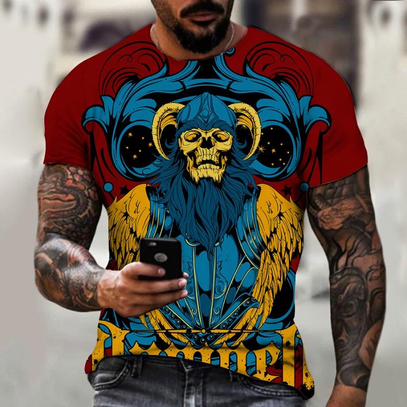 Men's 3D Printed T-Shirt Colorful Skull Pattern Print Short Sleeve O-Neck Pullover Casual Top