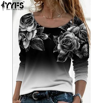Women's Fashion Casual Spring Autumn Flower Pattern Print Long Sleeve O-Neck Blouses & Shirts