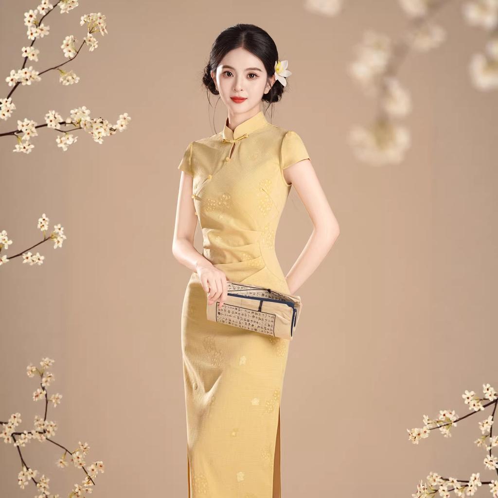New Chinese style young yellow cheongsam bubble jacquard 1011 summer daily girly beautiful dress