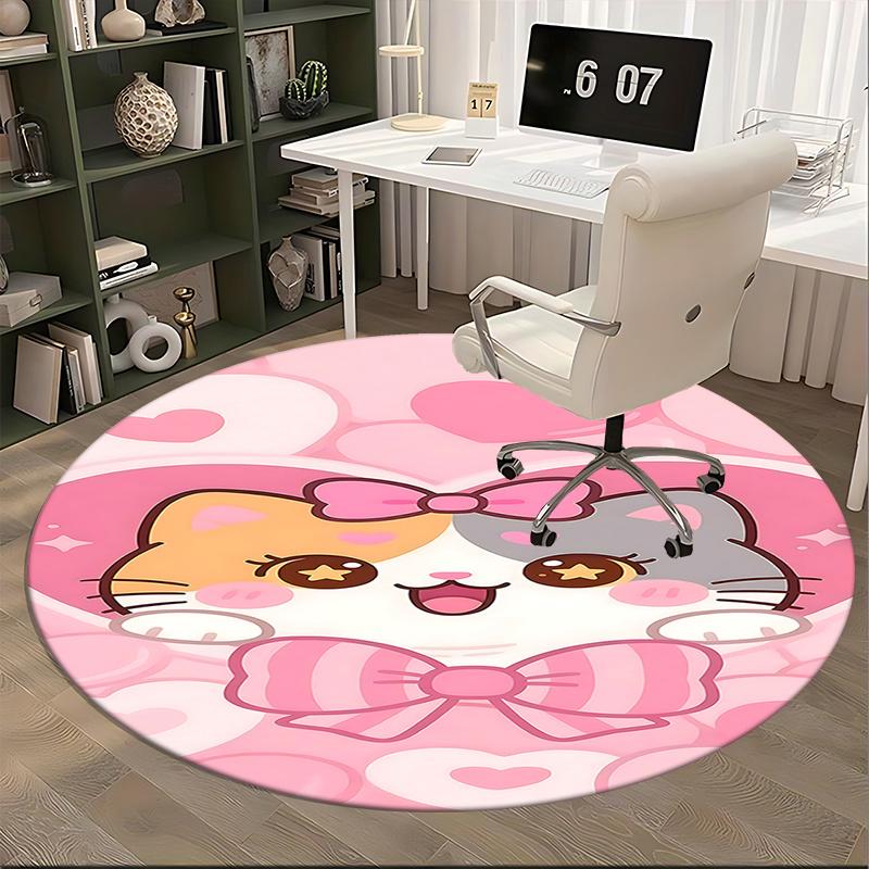Cute Cat Round Chair Mat - Pink Heart Decorative Rug for Home Office