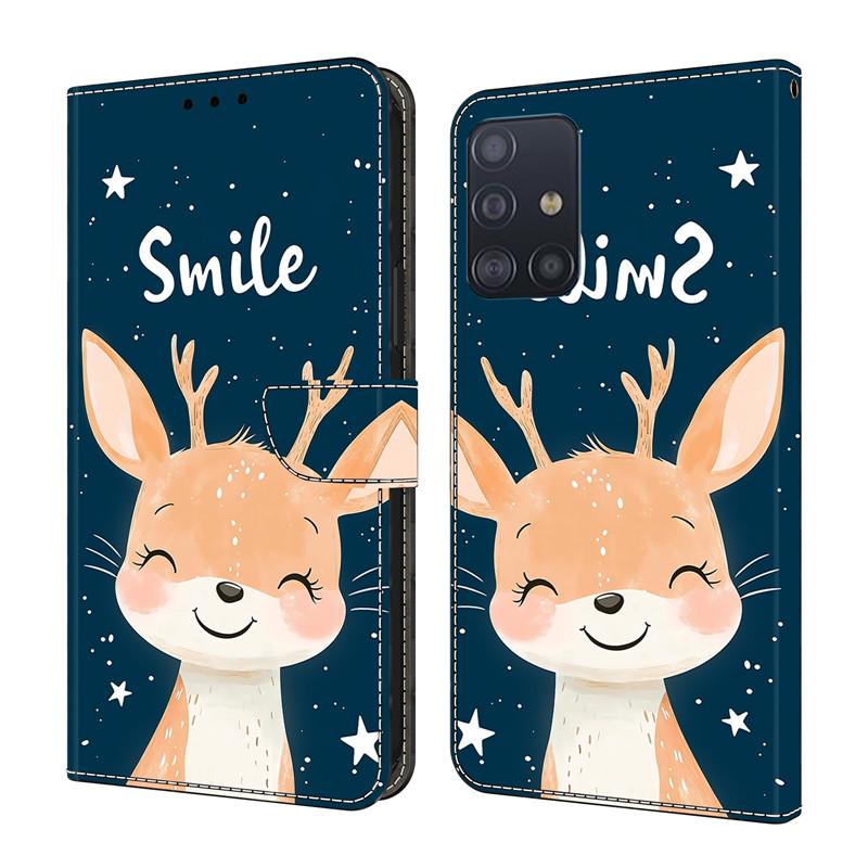 Leather Etui Phone Case for Samsung Galaxy A31 A41 A51 A71 A11 A01 A81 A91 Flip Cover Magnetic Wallet Painted Flower Deer Funda