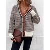 Women's V Neck Long Sleeve Knit Cardigan Oversized Elegant Houndstooth Sweater Casual Top