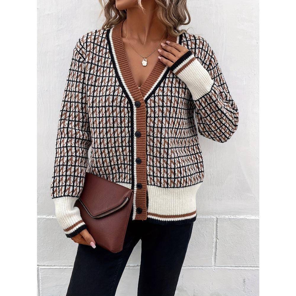 Women's V Neck Long Sleeve Knit Cardigan Oversized Elegant Houndstooth Sweater Casual Top