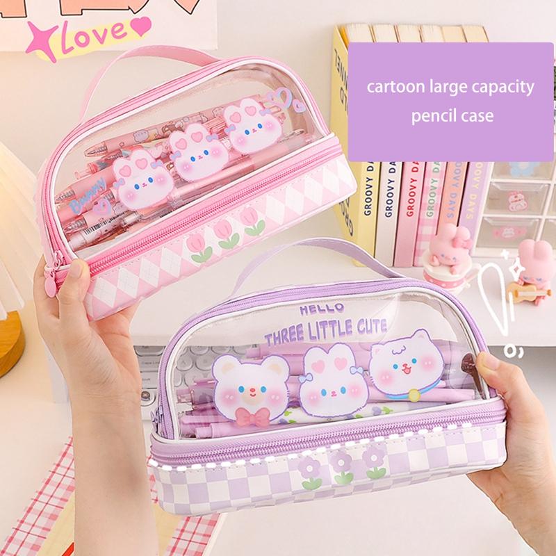 Pencil Case Double Layer Large Capacity Pen Bag Cartoon Portable Pencil Box School Student Supplies Stationary Organizer