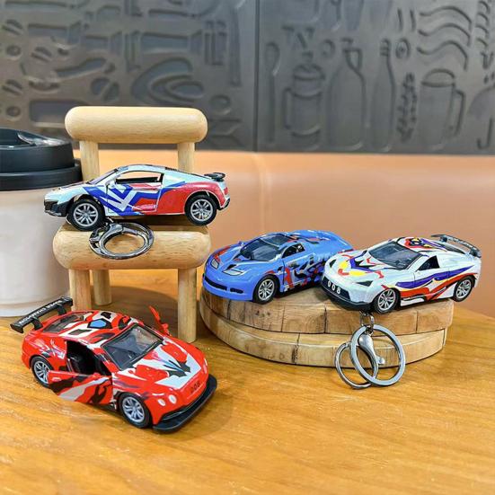 Opening Door Racing Car Keychain Kids Mini Pull-back Graffiti Sports Car Toy Key Ring