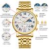 Business Gold Quartz Watches For Men Chronograph Calendar Man Watch Fashion Moon Phase Waterproof Men's Wristwatches