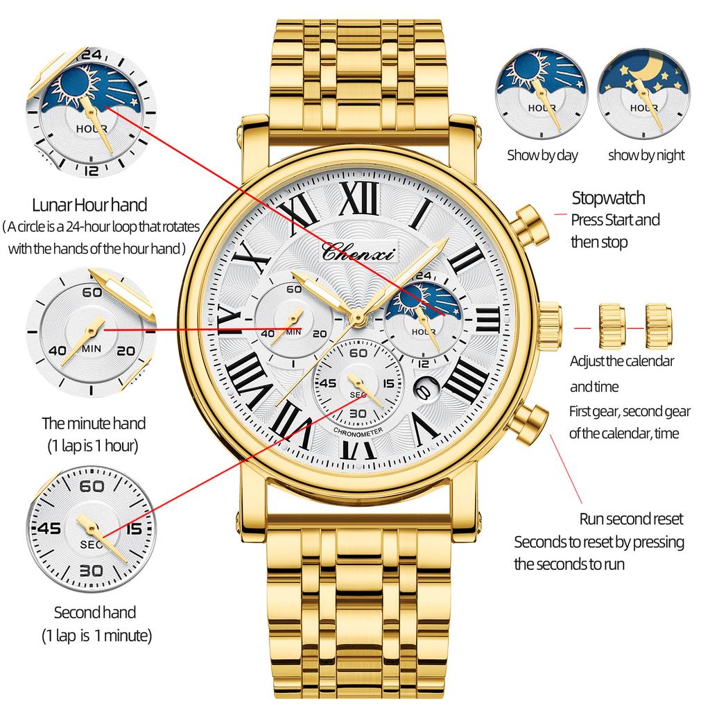Business Gold Quartz Watches For Men Chronograph Calendar Man Watch Fashion Moon Phase Waterproof Men's Wristwatches