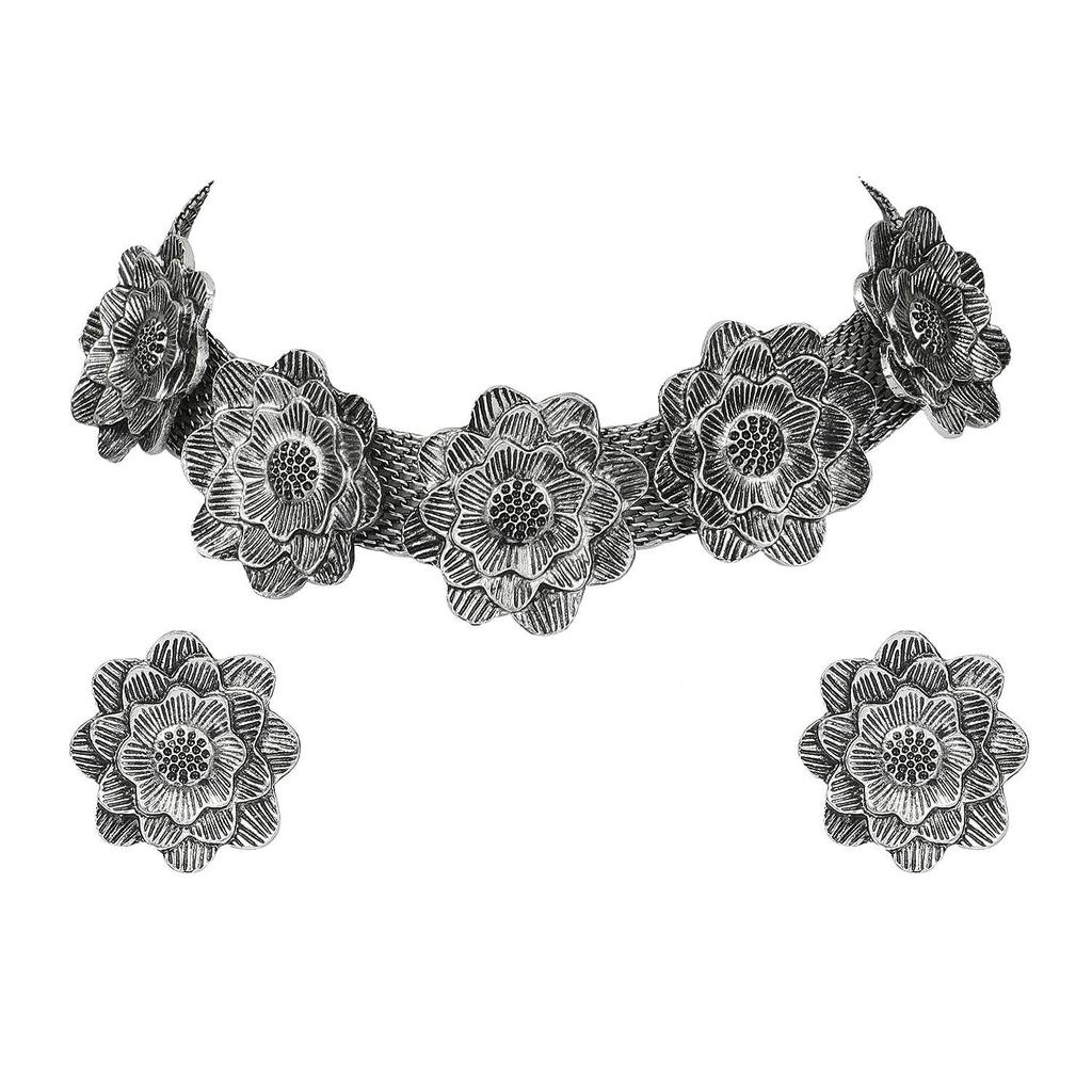 Shining Diva Fashion Latest Stylish Traditional Oxidised Silver Necklace Jewellery Set for Women