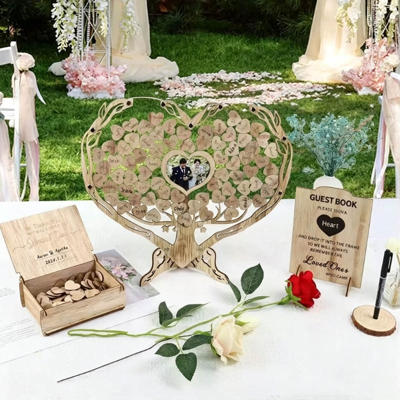 Romantics Wooden Wedding Guest Book With Heart Picture Frame For Bridals Shower And Anniversary Celebration