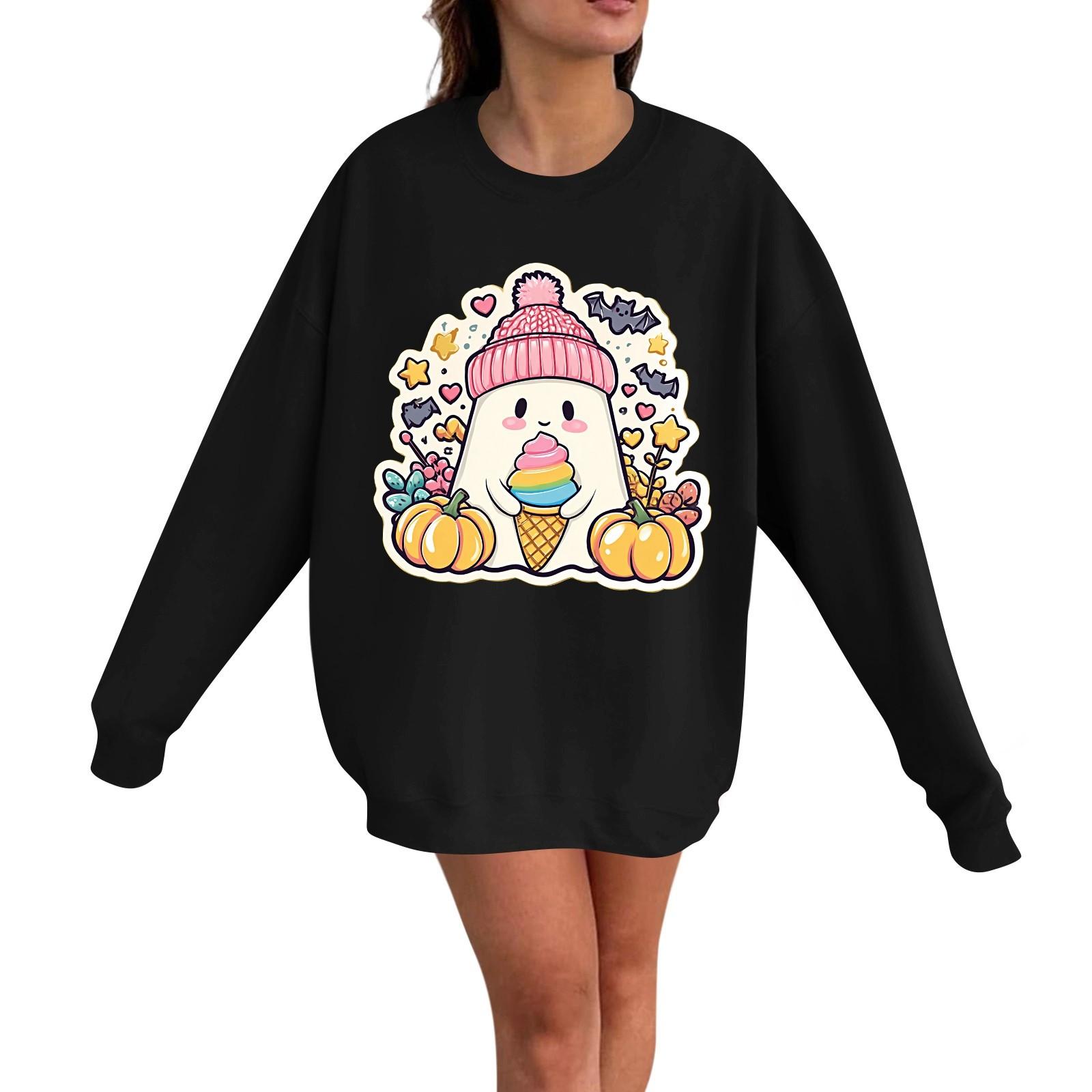 

Женский повседневный модный пуловер с длинным рукавом и принтом на Хэллоуин, с круглым вырезом M чёрный