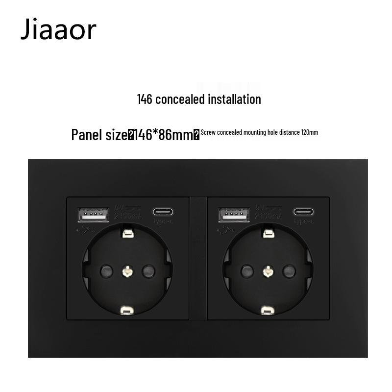 16A Black European Double Gang German-Style Switch & USB/Type-C Socket for Concealed Installation