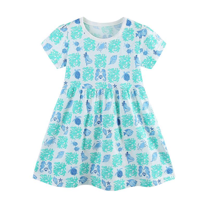 Summer New Girls Dress Fashion Printed Children s Princess Dress Knitted Cotton Crew Neck Short Sleeve Children s Dress 2Y(90cm)