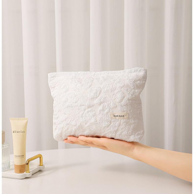 Geantă de machiaj din pânză de mare capacitate - Organizator portabil de produse cosmetice în relief pentru fete și doamne